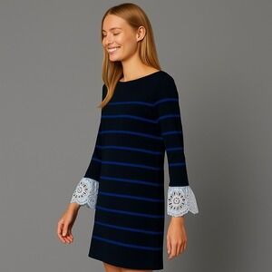 Beach Lunch Lounge Sz S Striped 100% Cotton Knit‎ Sweaterdress Midi Long Sleeves